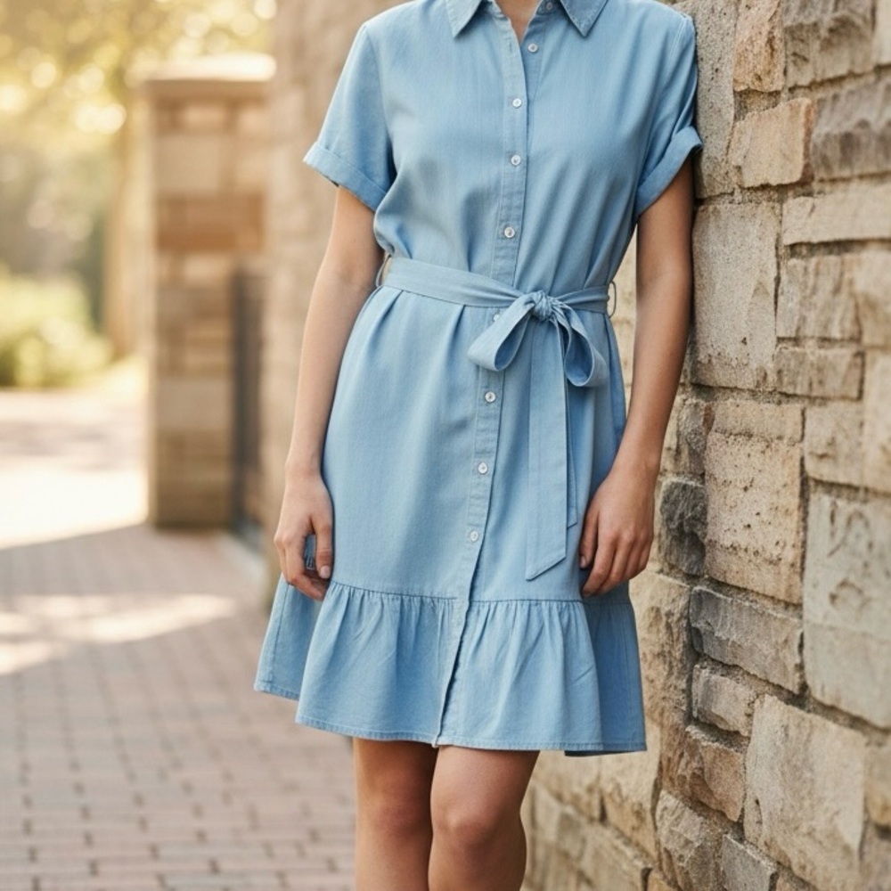 StyleHouse Button-Blue Rayon Front Shirt Dress – Size L